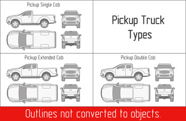 TRUCK pickup types template drawing vector outlines not converted to objects - obrazy, fototapety, plakaty