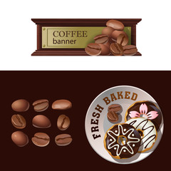 Set of vector banner, badge, sticker with icon coffee beans and saucer with donuts