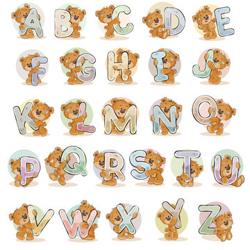 Naklejka Set vector letters of the English alphabet with funny teddy bear