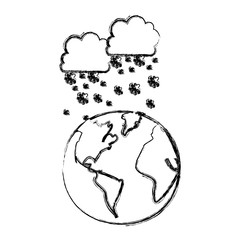 monochrome blurred contour with cumulus of clouds and snow fall over planet earth vector illustration