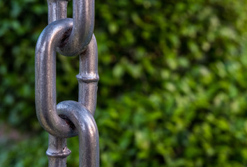 Fototapeta premium Close up of metal chain with blurred tree background.