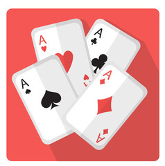 Playing cards with aces icon flat style with long shadows, isolated on white background. Vector illustration.