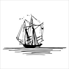Vector illustration of sailing ship or boat in the sea in ink style. Hand sketched schooner. Marine theme design.