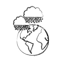 monochrome blurred contour of cloud with rain over planet earth vector illustration