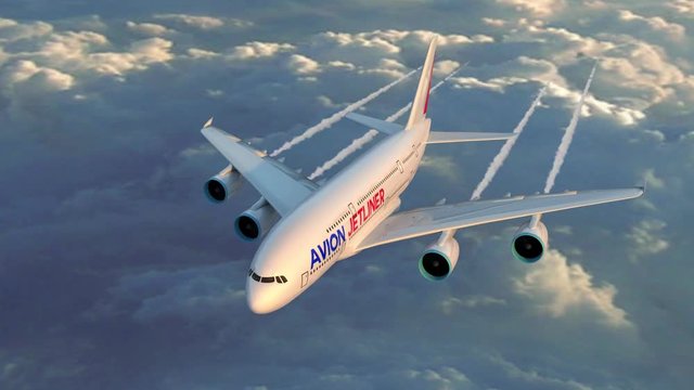 Large jet airplane flying in sunset sky. A beautiful aircraft flying with his trails over the clouds in the flares of the sunset.
