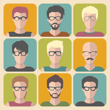 Vector set of different man app icons in glasses in flat style.