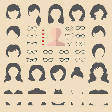 Big vector set of flat dress up constructor with different woman haircuts, glasses, lips etc. Female faces icon creator.