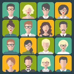 Vector set of office team images in trendy flat style. Collection of different businessman app icons in glasses.