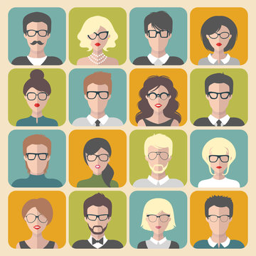 Vector set of office team images in trendy flat style. Collection of different businessman app icons in glasses.