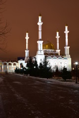 Fototapeta na wymiar The NUR ASTANA mosque in Astana, capital of Kazakhstan, at night