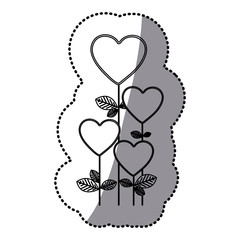 monochrome sticker silhouette with floral branch with flowers in shape hearts vector illustration