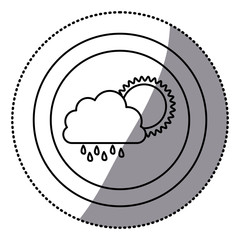 sticker monochrome circular frame with cloud with rain and sun vector illustration