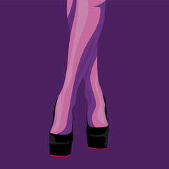 fashion illustration of slim female legs in black shoes with heels with red soles on a purple background. vector