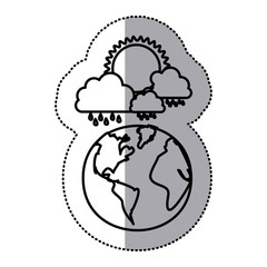 monochrome sticker contour of cloud with rain and sun over planet earth vector illustration
