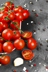 Cherry tomatoes on branch and spice on a dark background