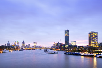 UK, London, skyline with River Thames at dawn