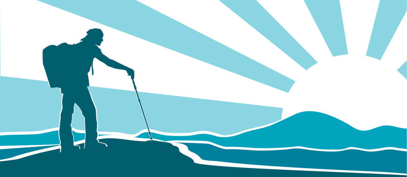 Vector silhouette of hiker with backpack and hiking pole on mountain top observing the landscape on stylized sunrise background. Illustration