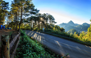 Fototapeta na wymiar Panorama Lanscape of Countryside road at “Doi Ang Khang”, Thailand.