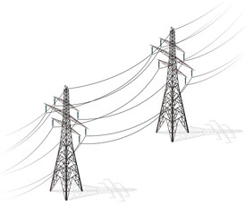 Vector high voltage pylons on white background in isometric perspective. 3d metal pole voltage, isolated background. Industrial illustration. Power line pylons with safety lock. Power plant equipment.