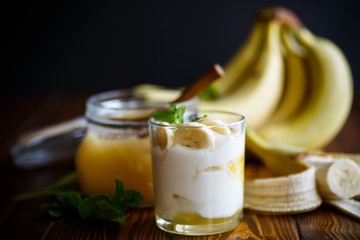 fresh homemade yogurt with bananas and honey