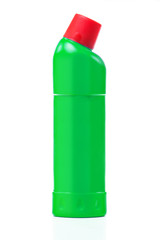 Green bottle for means for cleaning of plumbing fixtures isolated on white background. Bottle with cleaner agent for  bathroom equipment