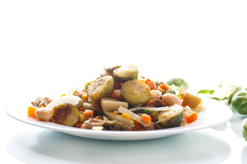 Brussels sprouts roasted with vegetables and beans