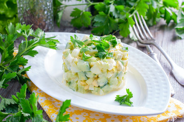 Salad with cucumber, celery and eggs on a wooden table, horizontal
