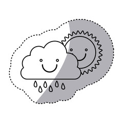 monochrome contour sticker of smiling cloud with rain and sun vector illustration