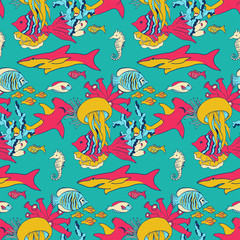 Vector underwater sea life seamless pattern texture