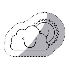 monochrome contour sticker of smiling cloud with sun vector illustration