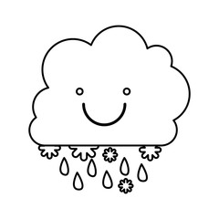 monochrome contour with smiling cumulus of clouds with rain vector illustration