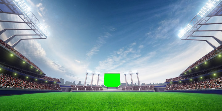stadium sunny day. with people fans. 3d render illustration blue sky 