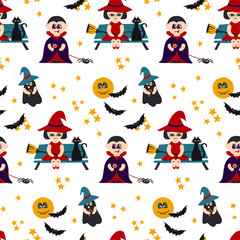 Halloween vector seamless pattern with kids in cute costumes