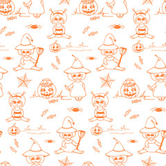Halloween vector seamless pattern with kids in cute costumes