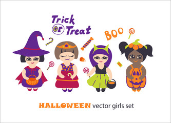 Halloween vector clipart set with kids in costumes