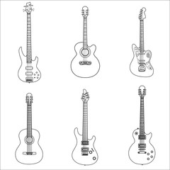 classic acoustic and electric guitar rock in the form of the contour on a white background
