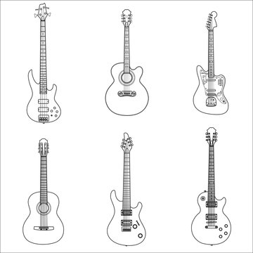 classic acoustic and electric guitar rock in the form of the contour on a white background