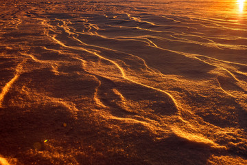 Martian sunset (Mars planet) red landscape. Looks like cold desert on Mars. A huge field of ice