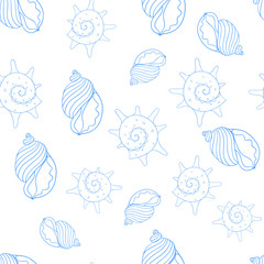 Seashell on sea background. Vector illustration. Beach concept for restaurant menu card, ticket, branding, logo label. Black and white