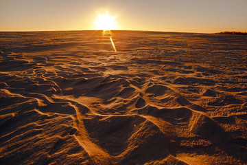 Martian sunset (Mars planet) red landscape. Looks like cold desert on Mars. A huge field of ice