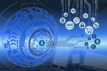 Fintech graphic background with digital money and financial technology icons and binary data flowing.