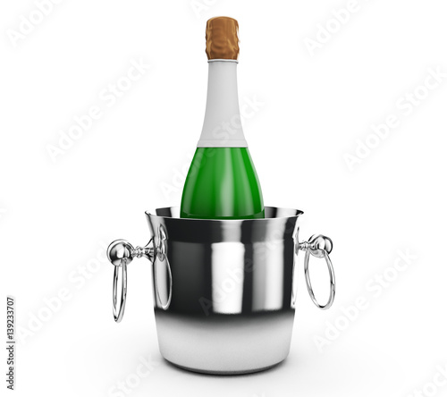 "Champagne or sparkling white wine bottle with gold foil isolated on white background. 3D Mock ...