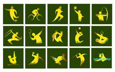 Digital vector image. Sport card icons set with an yellow abstract performer, stick figure.