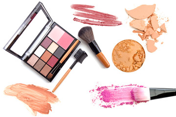 cosmetics and makeup. Tools for Professional make a top view. On a white background