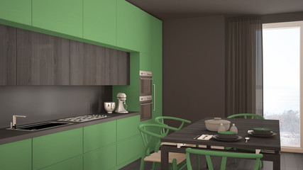 Modern minimal green kitchen with wooden floor, classic interior design