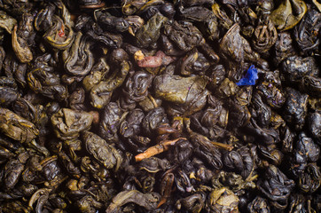 Texture of green tea with cornflower petals mallow close-up