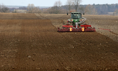 Fototapeta premium Tractor preparing land for sowing. Tractor with cultivator handles field before planting. Preparing land for sowing at spring, farmer in tractor.