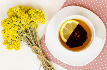 Various kinds of tea on wooden table