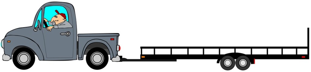 Illustration of a man driving a pickup truck pulling an empty flatbed trailer.