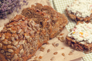 Homemade bread with fresh rustic cheese